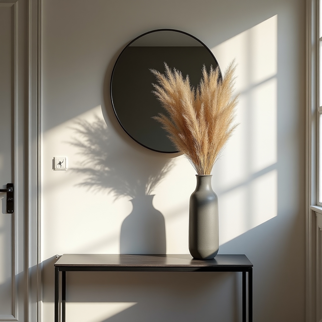 Schmale Keramikvase mit Trockenblumen auf einer Konsole im Flur