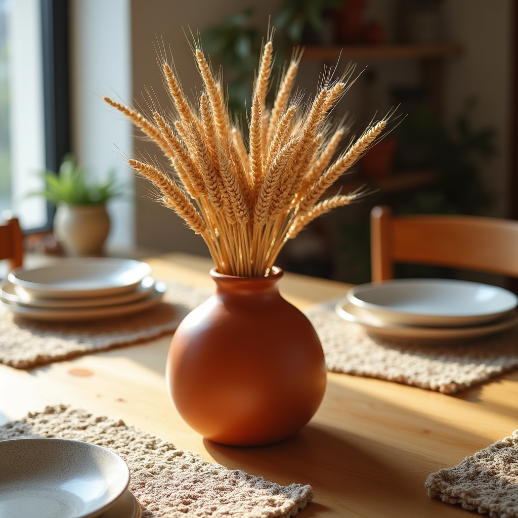 Mittelgroße Keramikvase mit Trockenblumen als Tischmitte