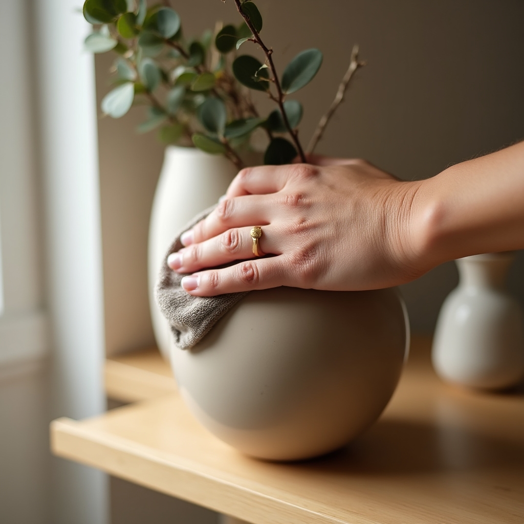 Hand mit weichem Tuch beim vorsichtigen Abstauben einer matten Keramikvase