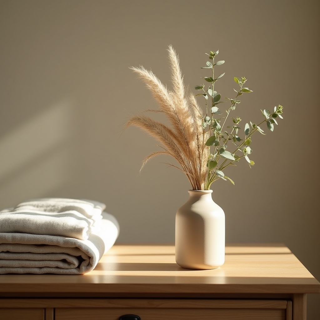 Kleine matte Keramikvase mit zartem Trockenblumenarrangement auf einer Kommode