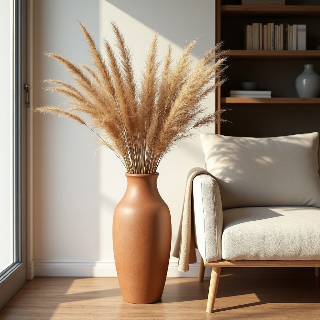 Große bodenstehende Keramikvase mit hohem Trockenblumenarrangement
